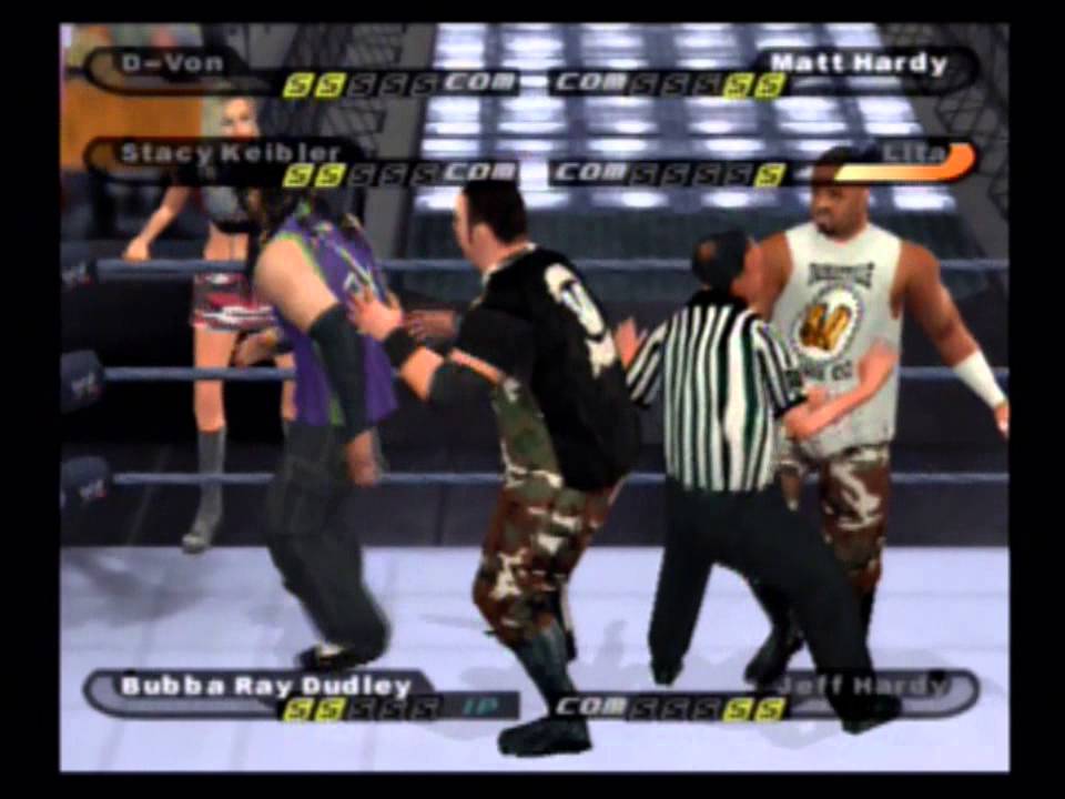 Dudley Boyz & Stacy vs Hardy Boyz & Lita - WWE Smackdown SYM [PS2]
