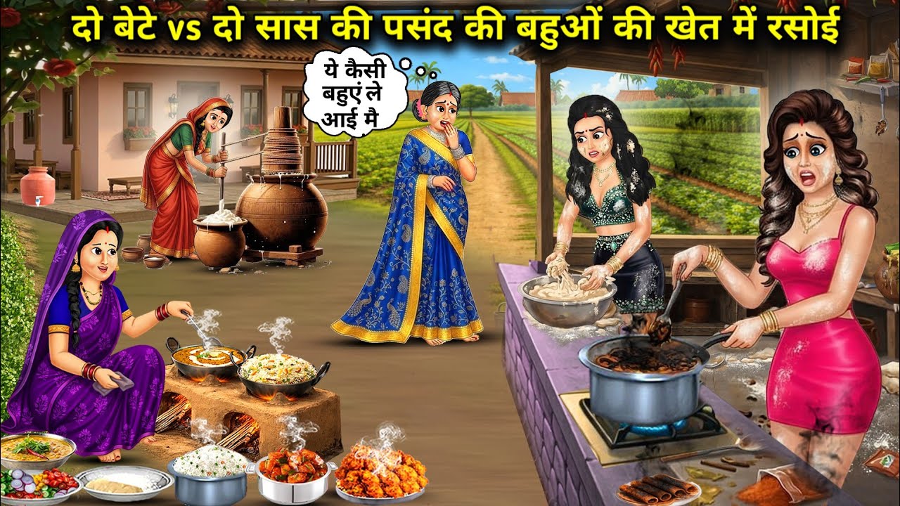 बेटे Vs सास की पसंद की बहूओ की खेत में रसोई ||Hindi Cartoon Stories||Two Sons vs. Two Daughter