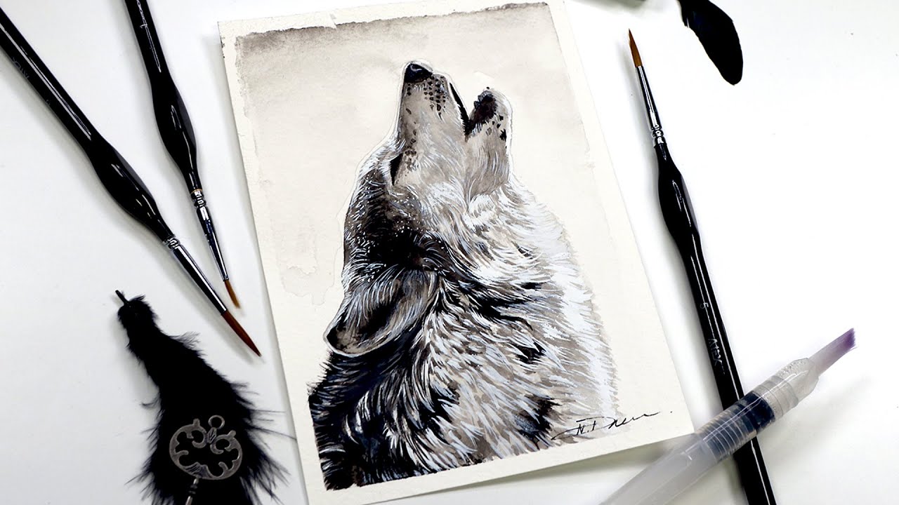 HOWLING WOLF Watercolor Painting Time Lapse