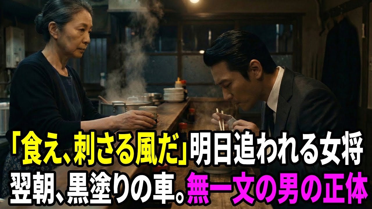 【感動する話】明日10時に強制退去の女将…台風で無一文の刺青男に魚雑炊を出した翌朝、黒塗りの車が現れ事態は一変。