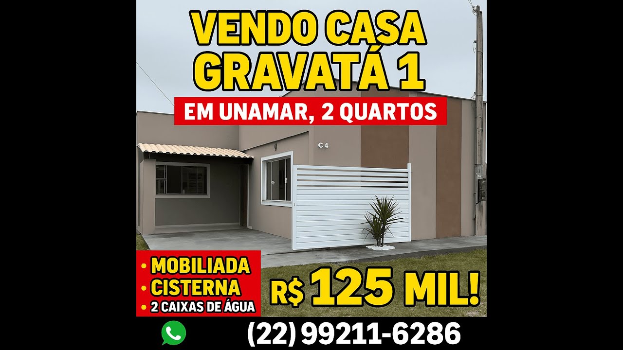 Vendo Casa Gravatá 1 em Unamar, 2 Quartos, Mobiliada, Cisterna e 2 Caixas de Água, R$ 125 Mil!