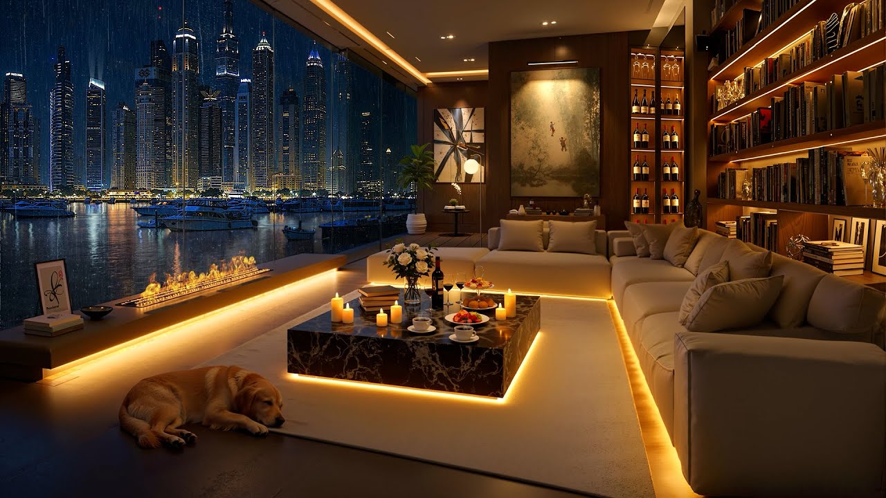 Dubai Marina Night Rain 🌃 Luxury Waterfront Skyline with Smooth Jazz Ambience & Rain Sounds