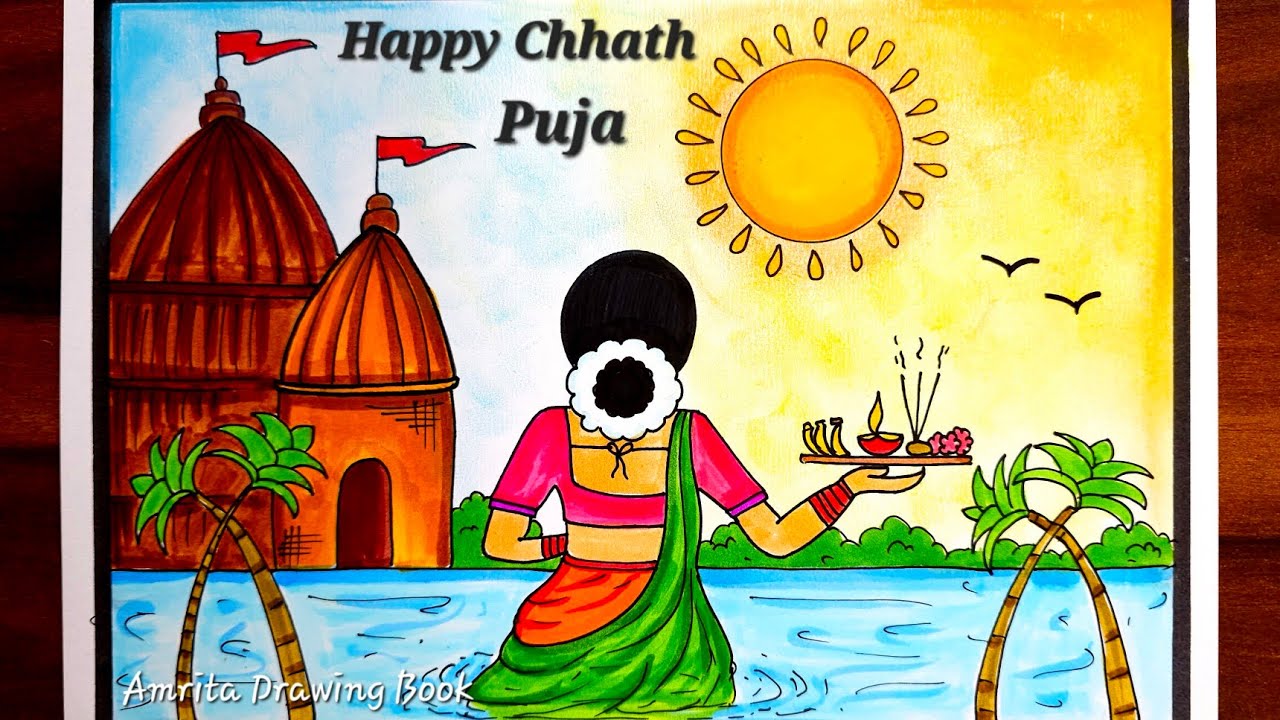 Chhath Puja Drawing | Chhath Puja Scenery Drawing | Chhath Festival Drawing | Chhath Puja Poster