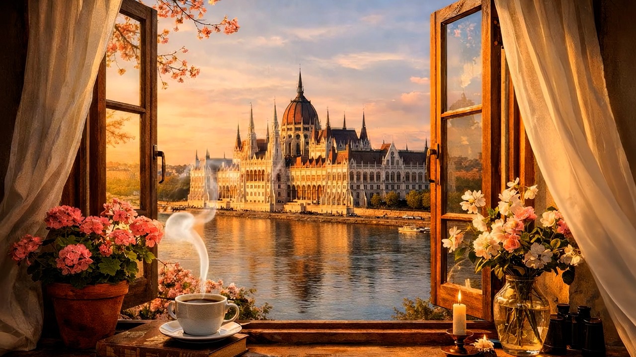 Békés Budapesti Naplemente az Ablakból 🌇 Tavasz Hangjai Tanuláshoz (Zene Nélkül, ASMR)