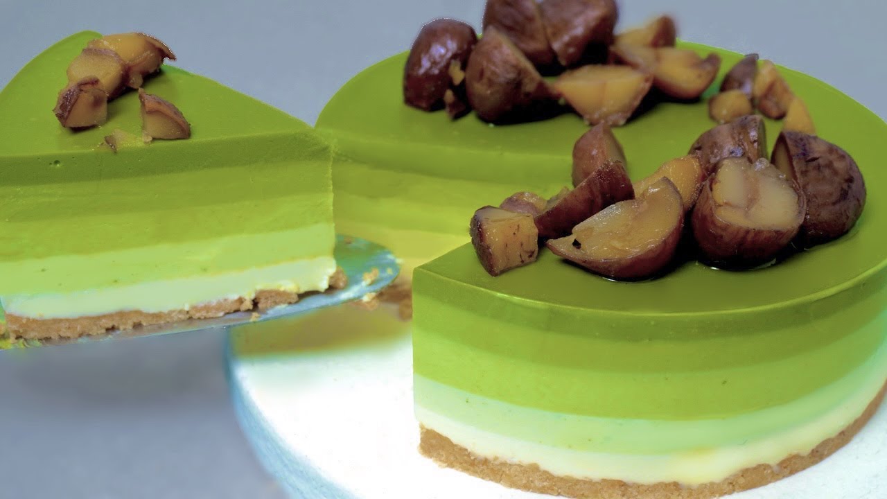 5層の抹茶レアチーズケーキの作り方 | Matcha Rare Cheese Cake | 5層の抹茶に和栗を添えて