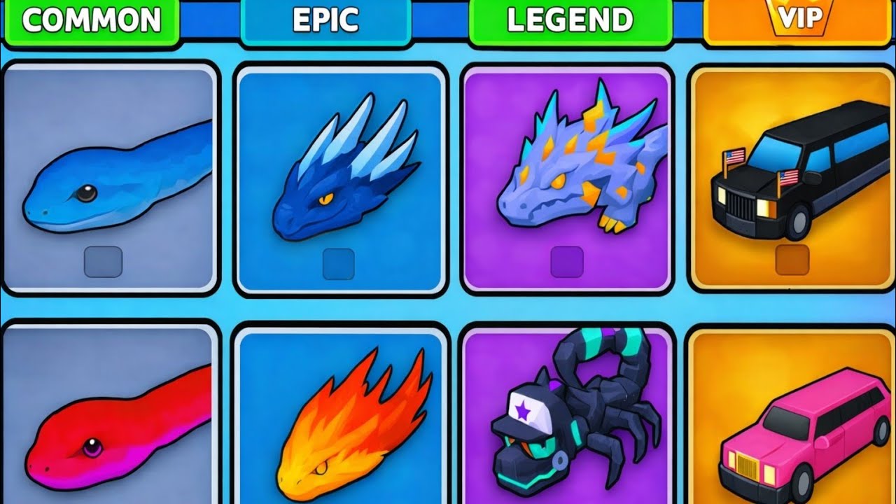 Snake Clash.IO: All Snake Skins Compared! COMMON vs RARE vs EPIC vs LEGEND vs VIP! #gamingvideos 