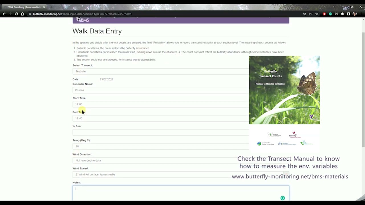 Add a transect visit on the eBMS Website