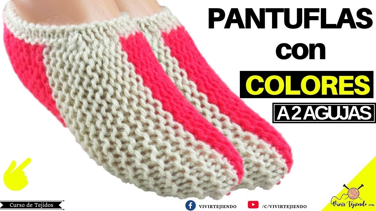 Tejiendo Pantuflas Zapatos a dos Agujas o Palitos a dos colores