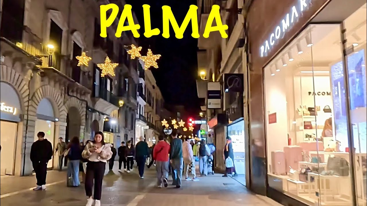 Palma, Mallorca 2025: Night Walk Under Christmas Lights Decoration/4K