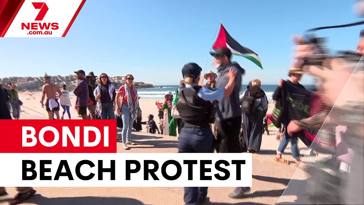Horse rider waves Palestinian flag on Bondi Beach | 7NEWS
