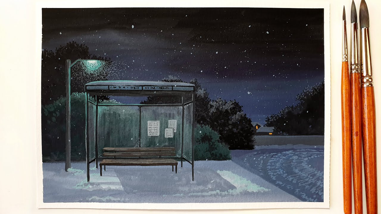 Winter Landscape Painting with Gouache ｜ Snowy Night Landscape