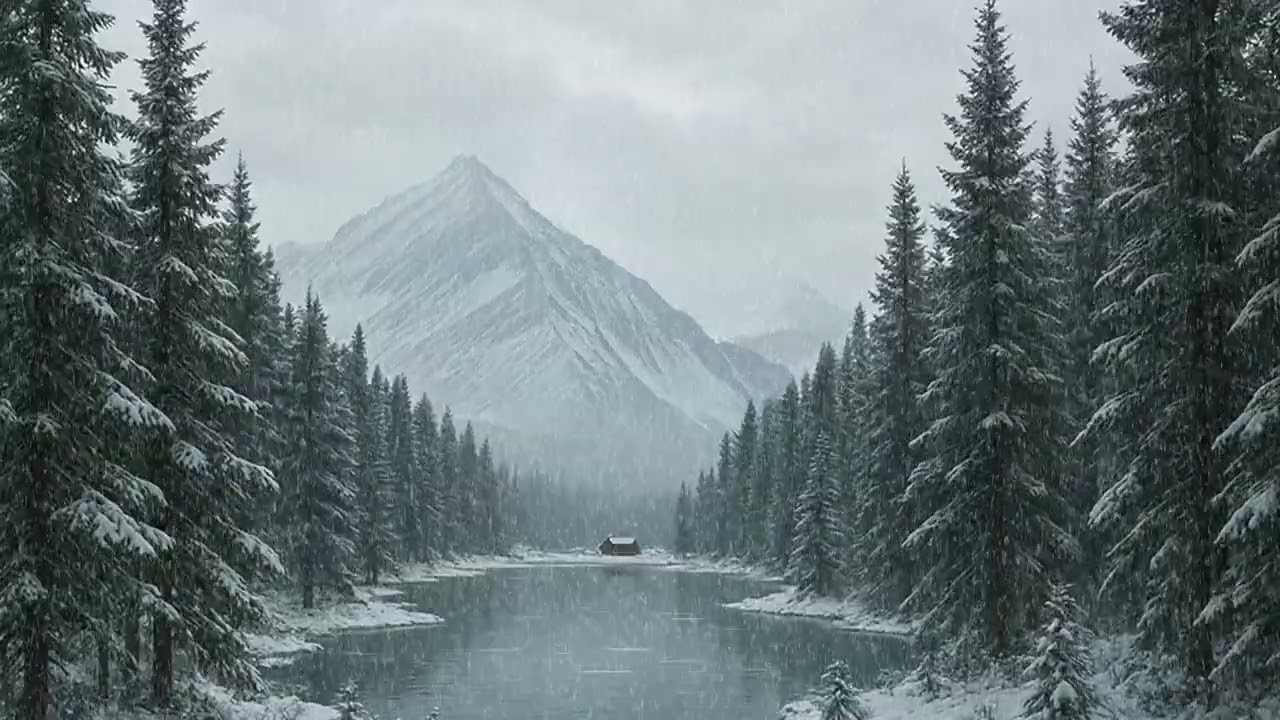 Winter Cabin by the Lake ❄️ Snowfall, Wind & Cozy Fireplace Ambience