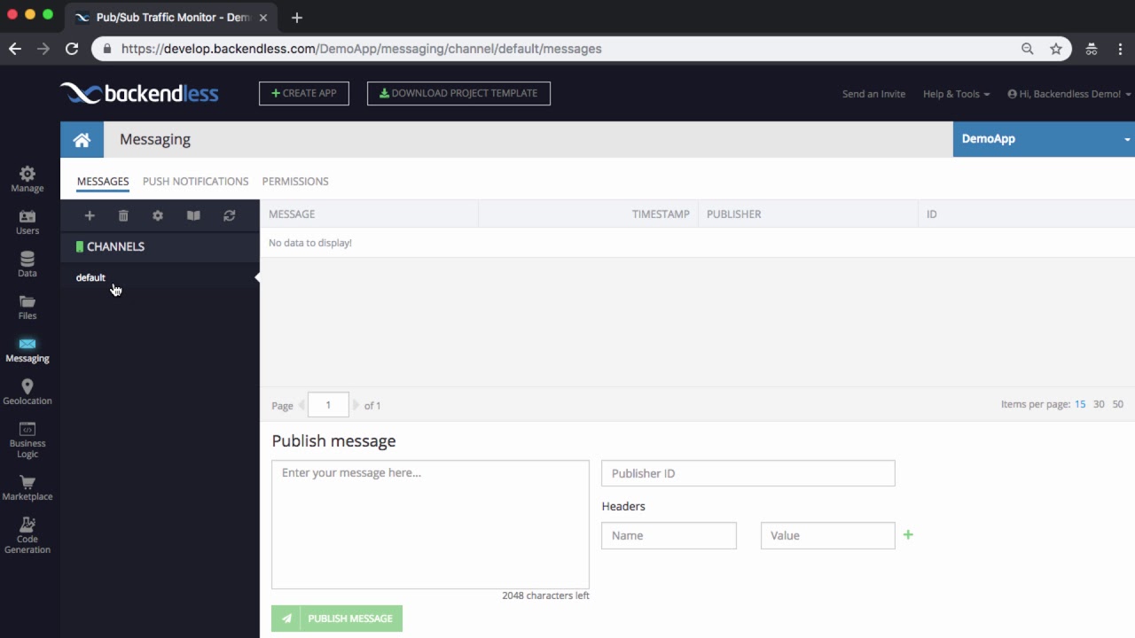 How to create a messaging channel in Backendless Console