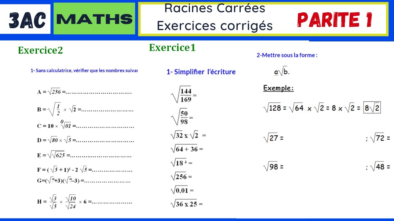 Racines carrées: Exercices corrigés 3ème année collège S1-Partie1 . الجذور المربعة