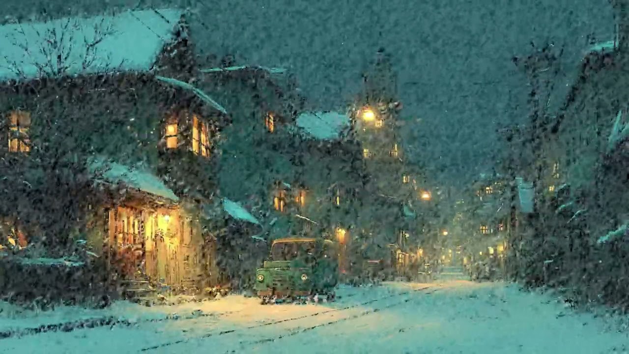 Blizzard Night Over a Snowy Town Street | Warm Window Lights, Howling Winter Winds and Falling Snow