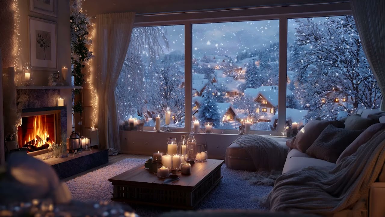 Quiet Snowstorm Cabin Piano Night | Cozy Fireplace and Gentle Snow