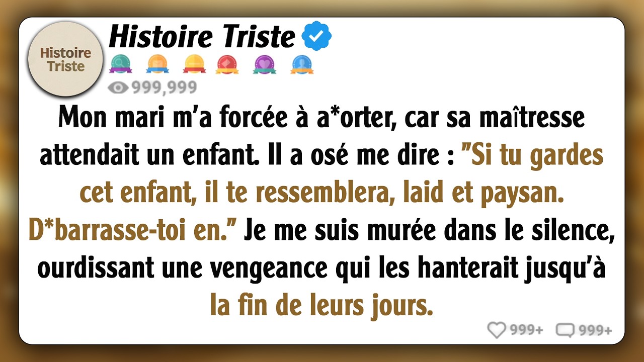 Mon mari m'a forcée à a*orter parce que sa maîtresse était enceinte. Il a dit : 'Si tu as cet...