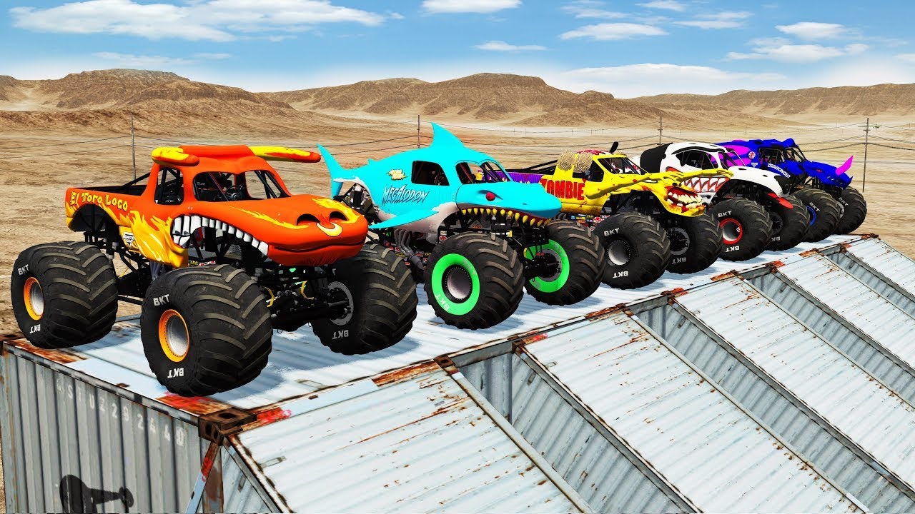 Monster Truck Double Flatbed Trailer Train with Color Slide | Beamng.drive