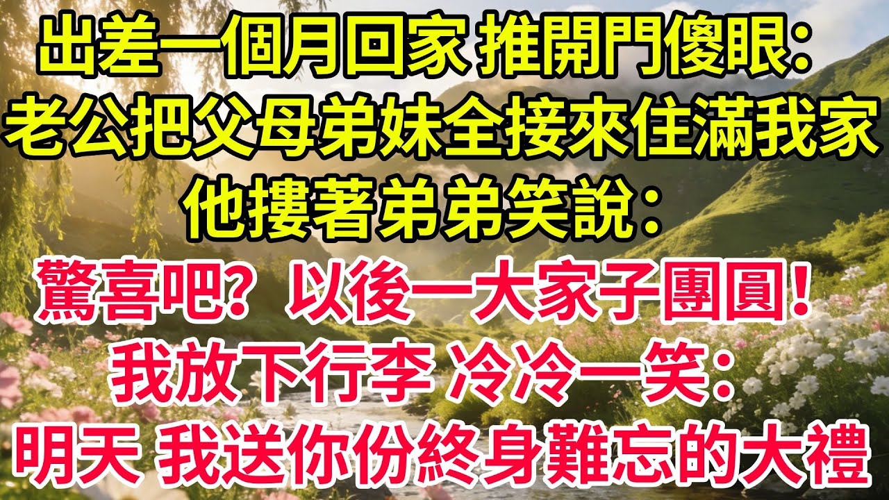 我出差1個月，回家發現老公把他全家都接來了。老公：“驚喜嗎？我把咱爸媽弟妹都接來長住了！”我：這個不算驚喜，明天我給你個大驚喜#情感#婆媳#家庭#智慧#生活經驗#為人處世