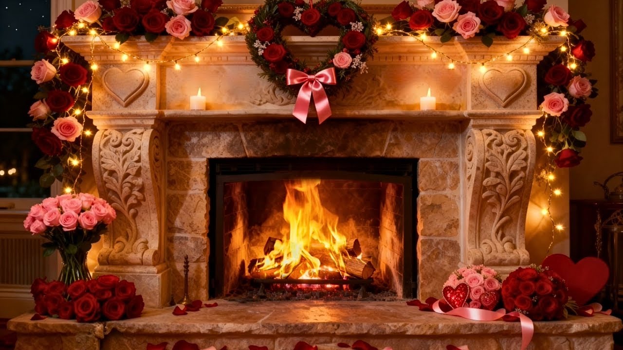 🔴 Romantic Fireplace 24/7 | 🔥Crackling Fire | 🌹Roses & Candles