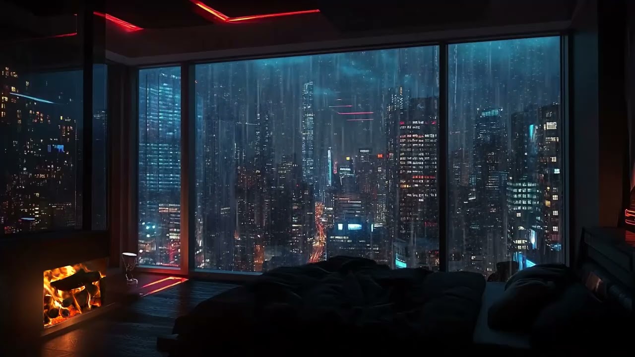 Rain Falling Over the City with Fireplace Sounds | Warm Room Ambience for Sleep & Relax