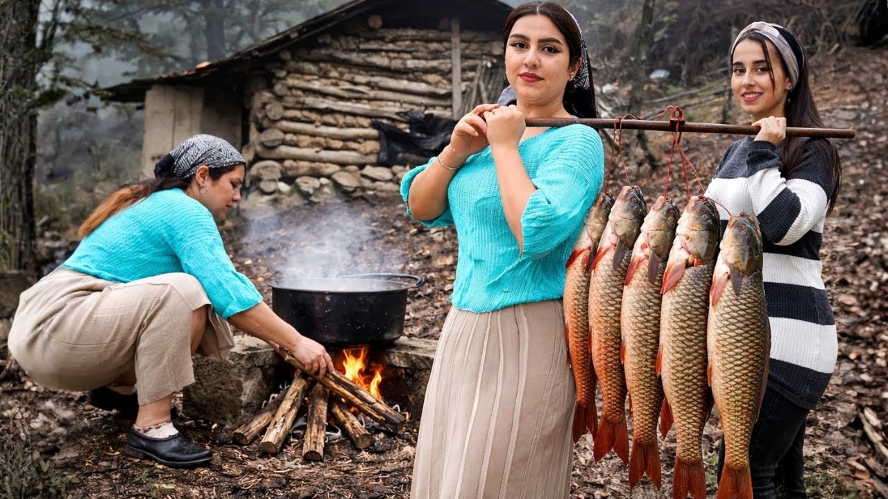 IRAN Village Life :Cooking 15-kg  Carp  Fish in the Village Style For Our Family 🔥