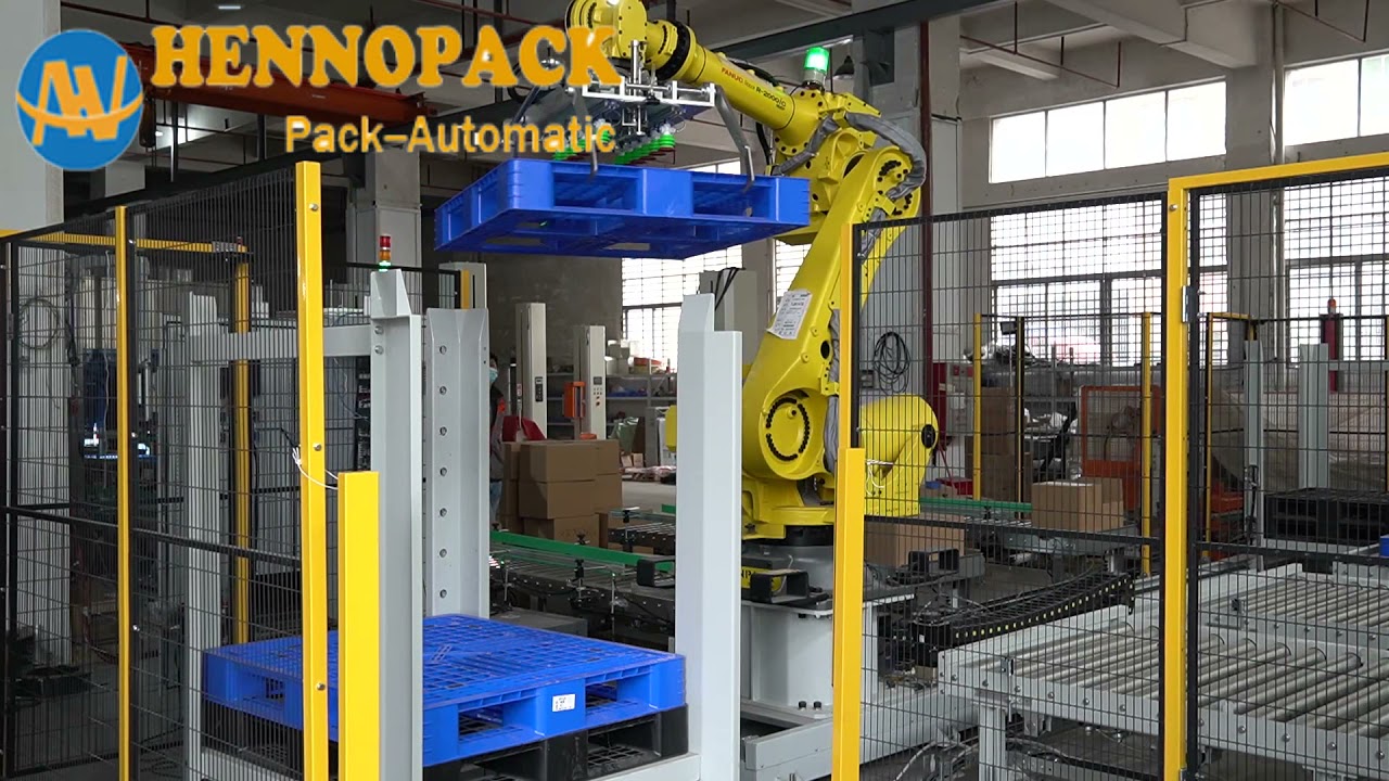 Hennopack complete pouch bag carton case packer with fanuc robot palletizer solution