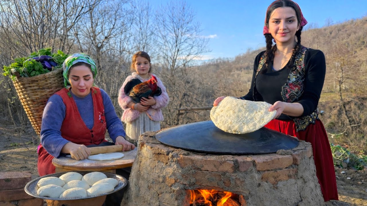 IRAN village life; Baking bread on fire