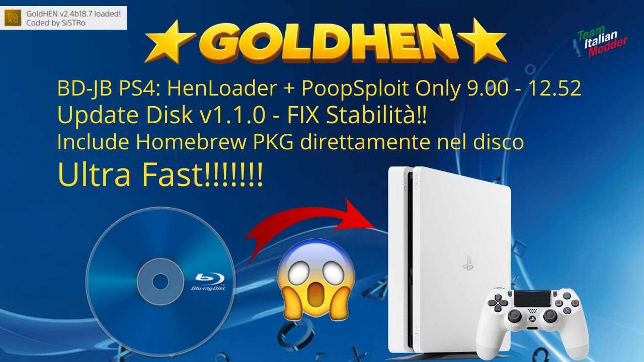 UPDATE HenLoader + PoopSploit 1.1: Sblocco PS4 9.00–12.52 con un semplice Blu-Ray, facile e veloce.
