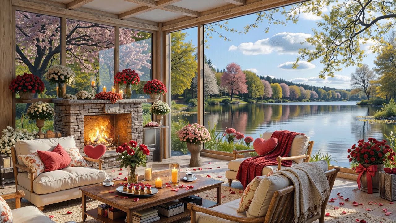 Romantic Lakeside Getaway for Valentine's Day 💕🔥 Cozy Jazz Music & Fireplace Sounds to Relax