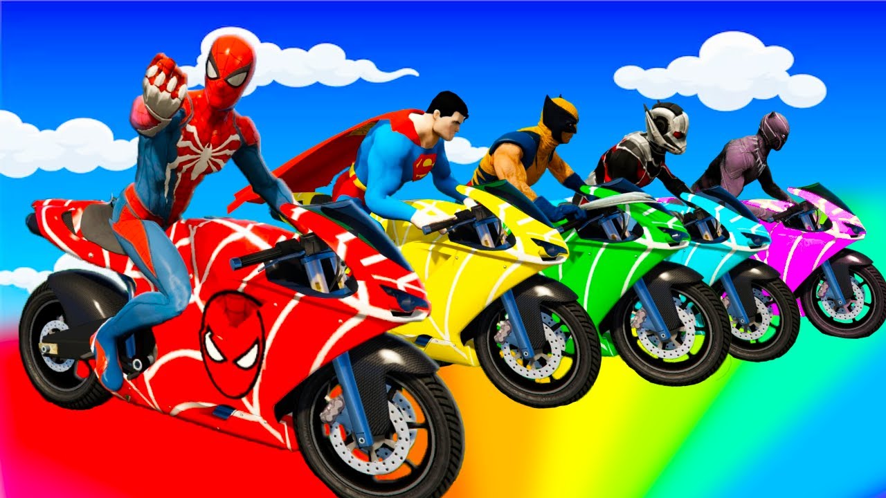 سبايدر مان اصعب دراجة نارية فوق اسماك القرش - Superheroes Ride on Motorcycle Stunt Funny Moments??
