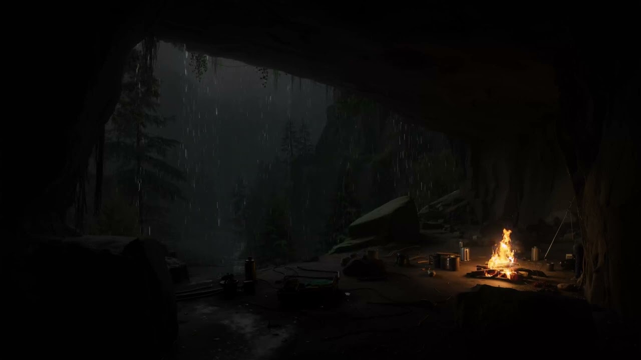 Sonidos Cálidos De Fuego Y Lluvia Intensa En Una Cueva Oscura | Ambiente Nocturno Tranquilo