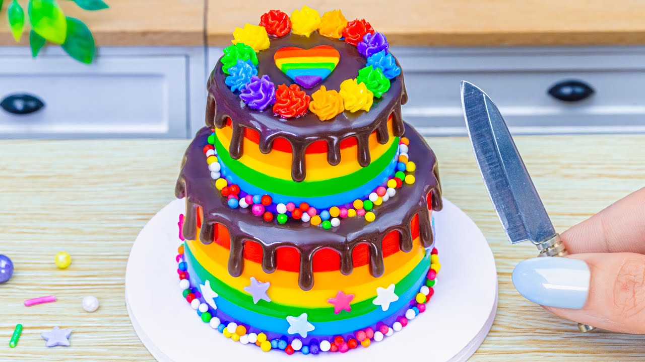 How to Make Rainbow Cake Recipe with Chocolate Drip🌈Best Miniature Cake Decorating | Mini Bliss