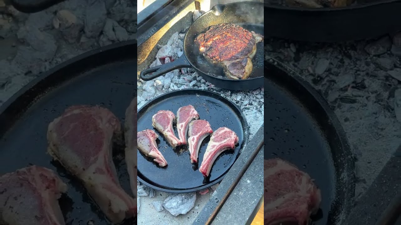 Cooking a ribeye and lollipop lamb chops in cast iron directly on the coals in my Santa Maria grill.