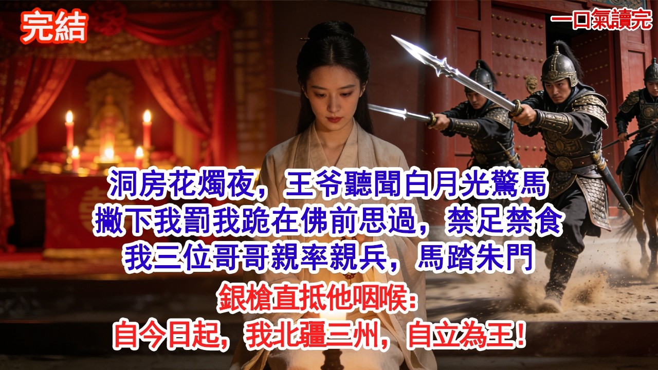 洞房花燭夜，王爷聽聞白月光驚馬撇下我罰我跪在佛前思過，禁足禁食我三位哥哥親率親兵，馬踏朱門銀槍直抵他咽喉：自今日起，我北疆三州，自立為王！#古風#追妻火葬場#愛情#小說