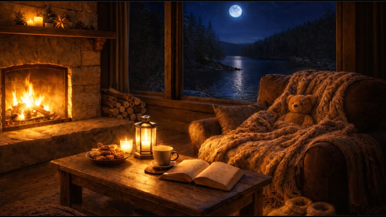 Cozy Cabin at Night 🌙 Calm Piano Music & Fireplace Sounds for Sleep & Relaxation