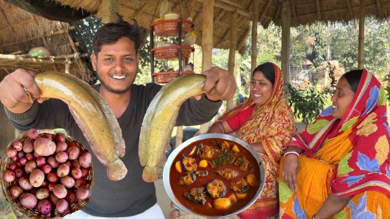 বড় মাগুর মাছ আর জমির দেশি লাল আলু দিয়ে মায়ের হাতে জমজমাট রান্না 😋#villagecookingvlog