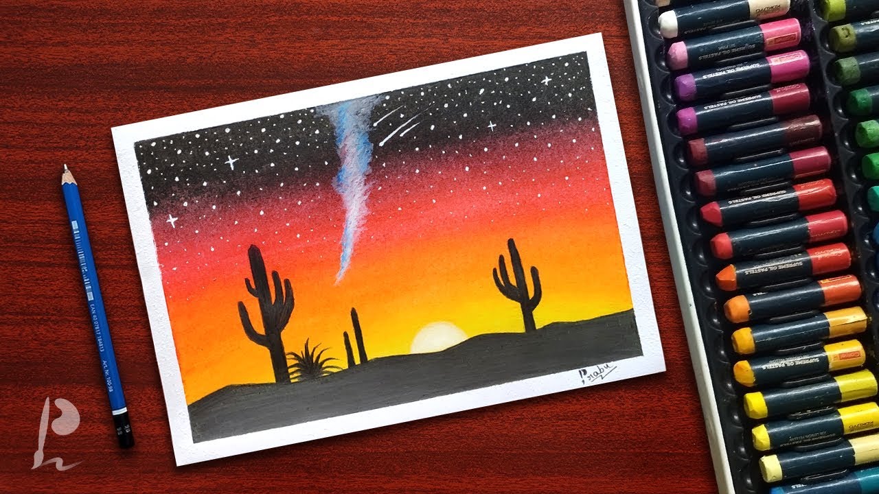 Easy Cactus Sunset Scenery Drawing with Oil Pastels | PrabuDbz Art