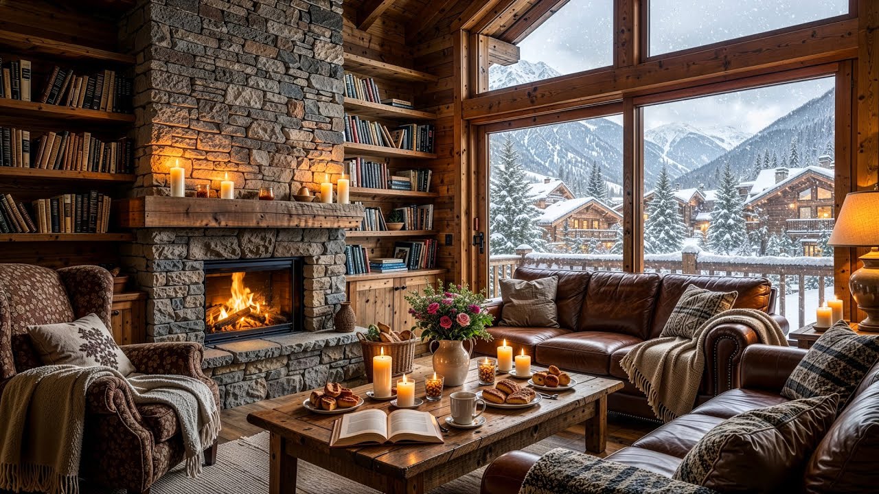 Cozy Winter Cabin Jazz – Soft Piano & Fireplace Ambience in a Snowy Mountain Chalet