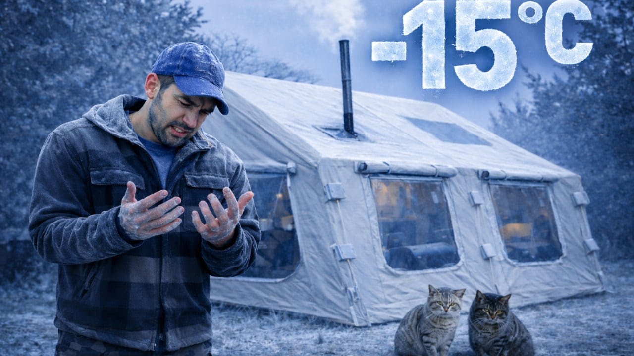 –15°C Night Camping in a Hot Tent | Two Cats Stayed With Me All Night