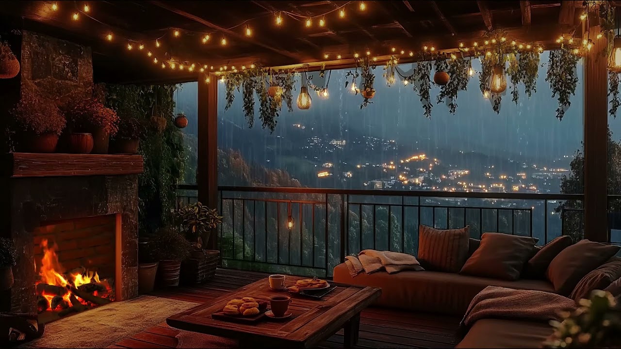 No Ads ⛈️ Sleep Hypnosis with Heavy Rain at Night | Crackling Fire & Rain on Porch Ambience