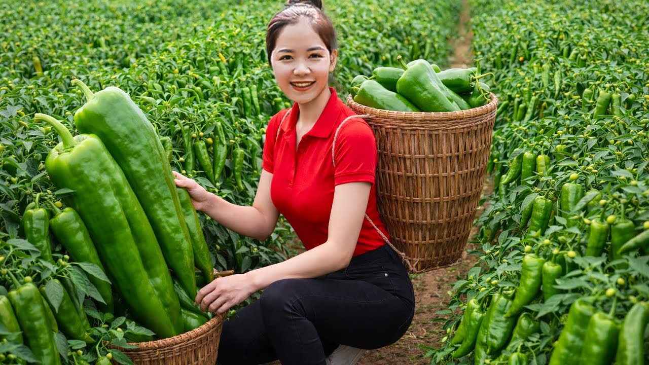 Harvesting 1000+KG of giant green PEPPERS from the garden to sell -Life in the countryside.