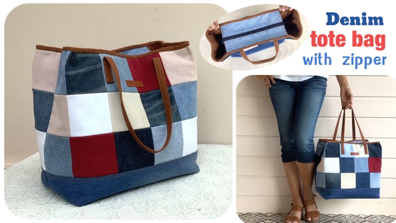 how to sew a denim tote bags with zipper from old jeans, sewing diy a zipper tote bags tutorial.