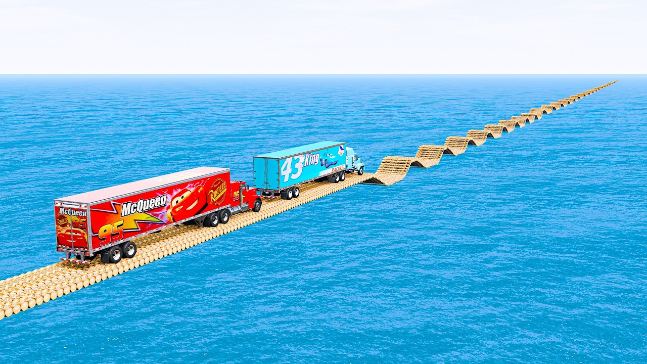 Mack Truck & Dinoco Truck vs Impossible log Bridge Crossing Stunt Cars - BeamNG.Drive