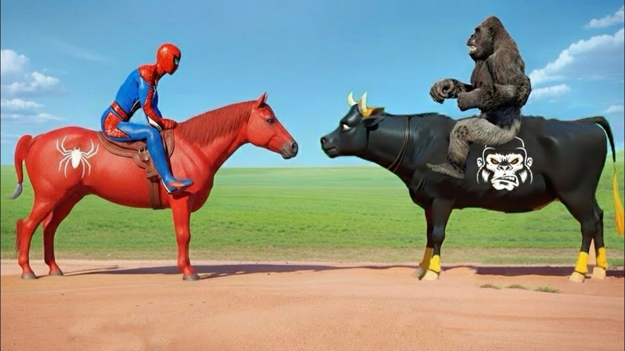 Spiderman Horce With Gorilla Bridge Shark Spiders Game Superhero Ride | Funny Animals GTA 5