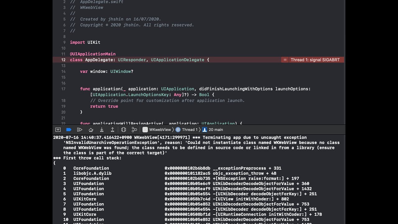 xcode swift wkwebview thread 1 signal sigabrt Error
