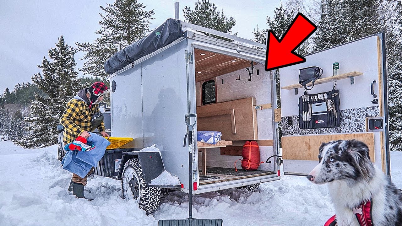 Camping in DEEP SNOW! Cargo Trailer Conversion with Diesel Heater