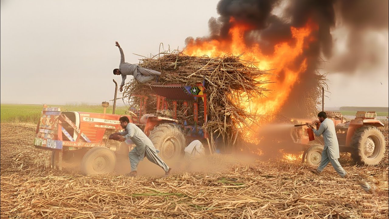 Unbelievable Power! MF 385 & Al-Ghazi Pull Heavy Sugarcane Trolley @NaeenTractors786 