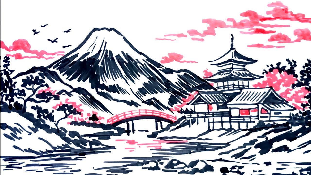 How to Draw a Temple by the River. How to Draw a Japanese Landscape. Draw a Mountain Temple Scene.