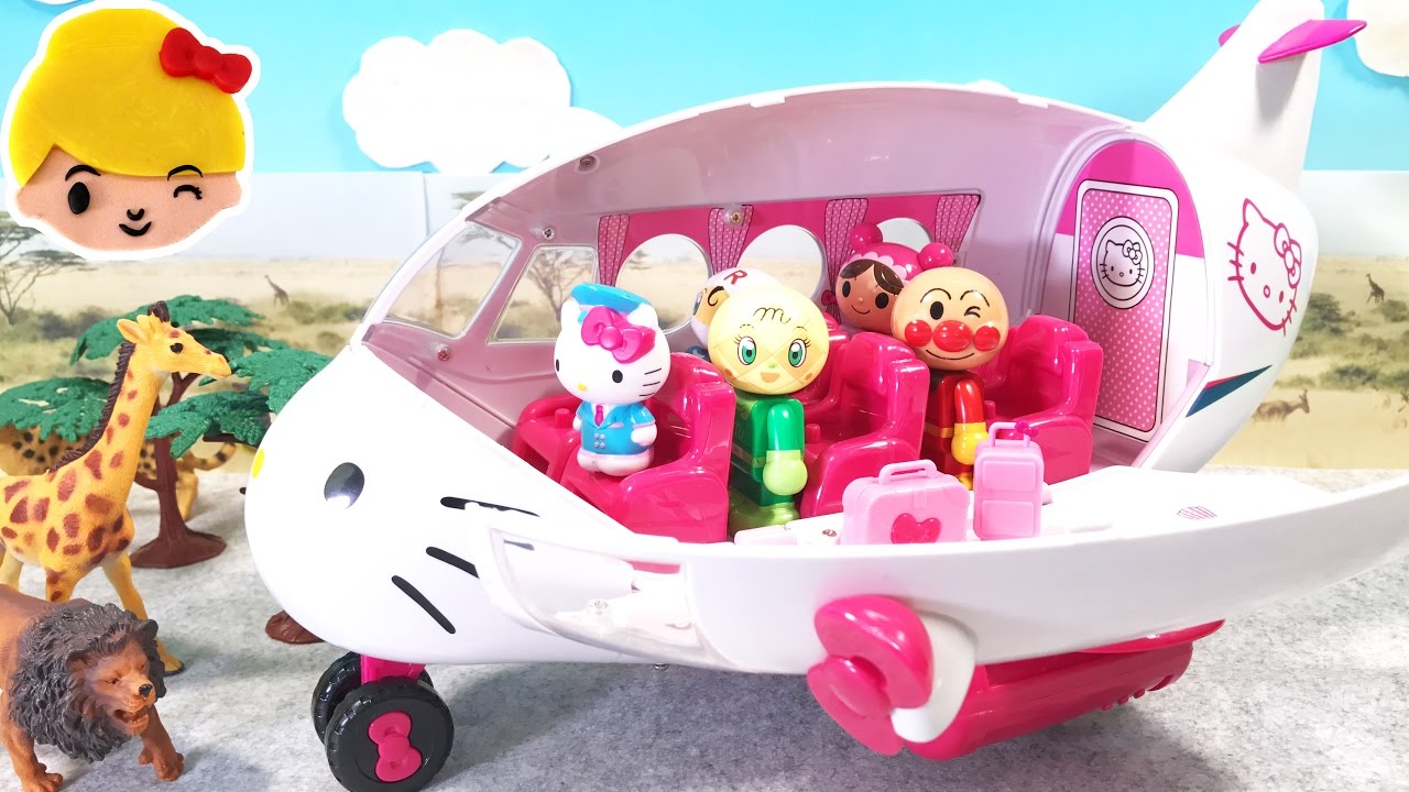 アンパンマン ハローキティ 飛行機に乗って外国に出発！あかちゃんまん、コキンちゃん、ロールパンナ、メロンパンナはどこへ行くのかな？ ❤ おもちゃ 絵本 アニメ anpanman みーちゃんママ